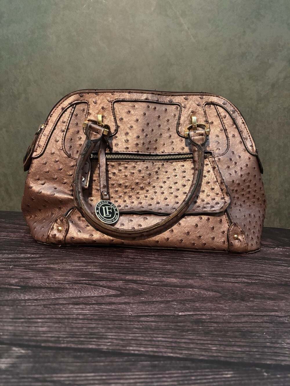 London Fog Vegan Ostrich Leather Handbag Satchel Bronze